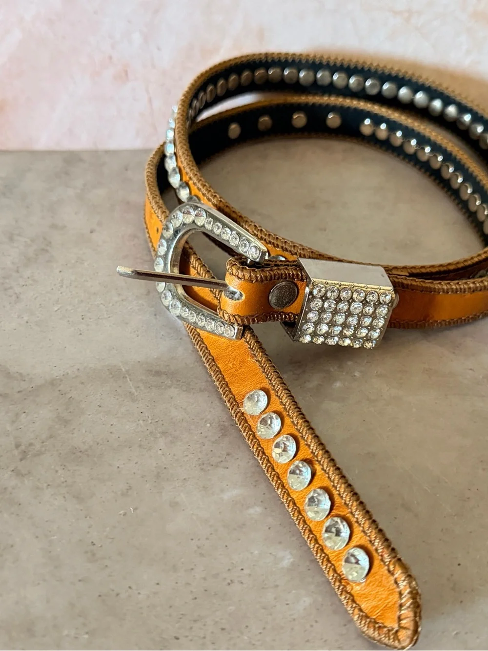 Western Cowgirl Camel Brown Belt Leather Decorated Rhinestones